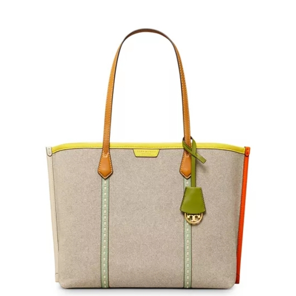 Tory Burch Canvas Tote with Orange and Green Accents - Picture 1 of 4